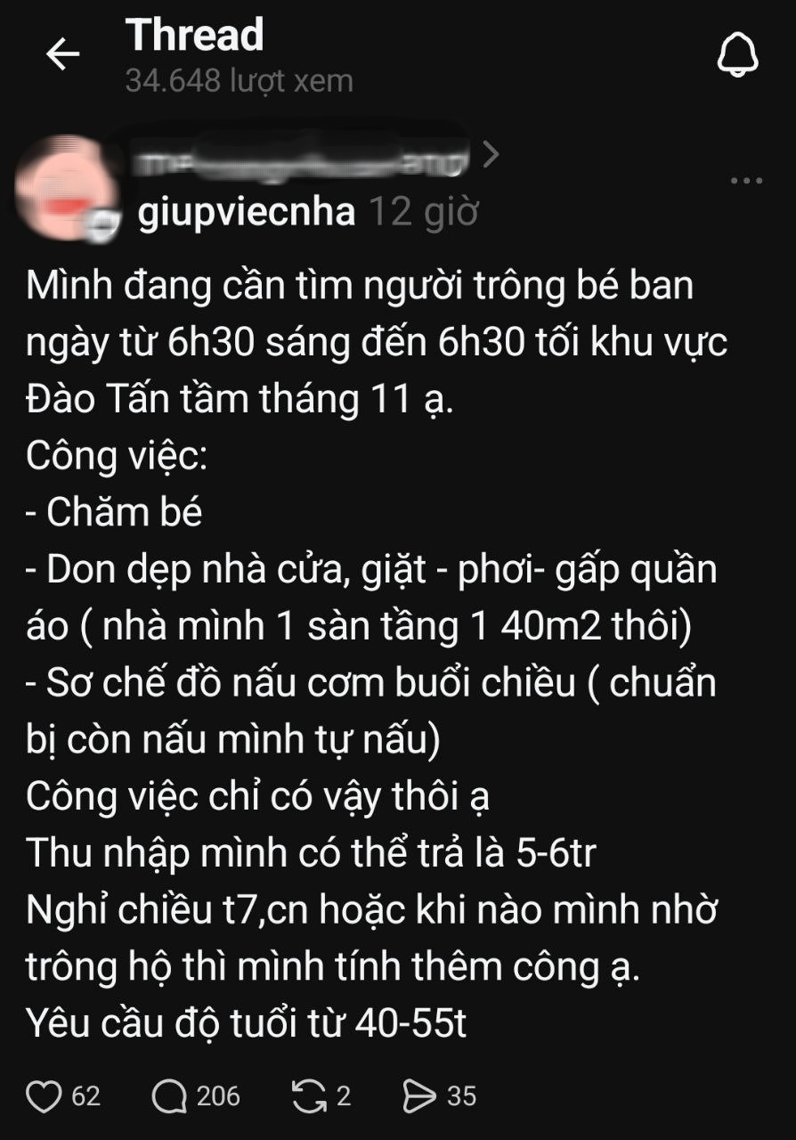Tranh cãi nảy lửa: 1 mom sống giữa trung tâm Hà Nội đăng tuyển người làm việc 12 tiếng/ngày, vừa chăm bé vừa dọn nhà với mức lương 5-6 triệu- Ảnh 1.