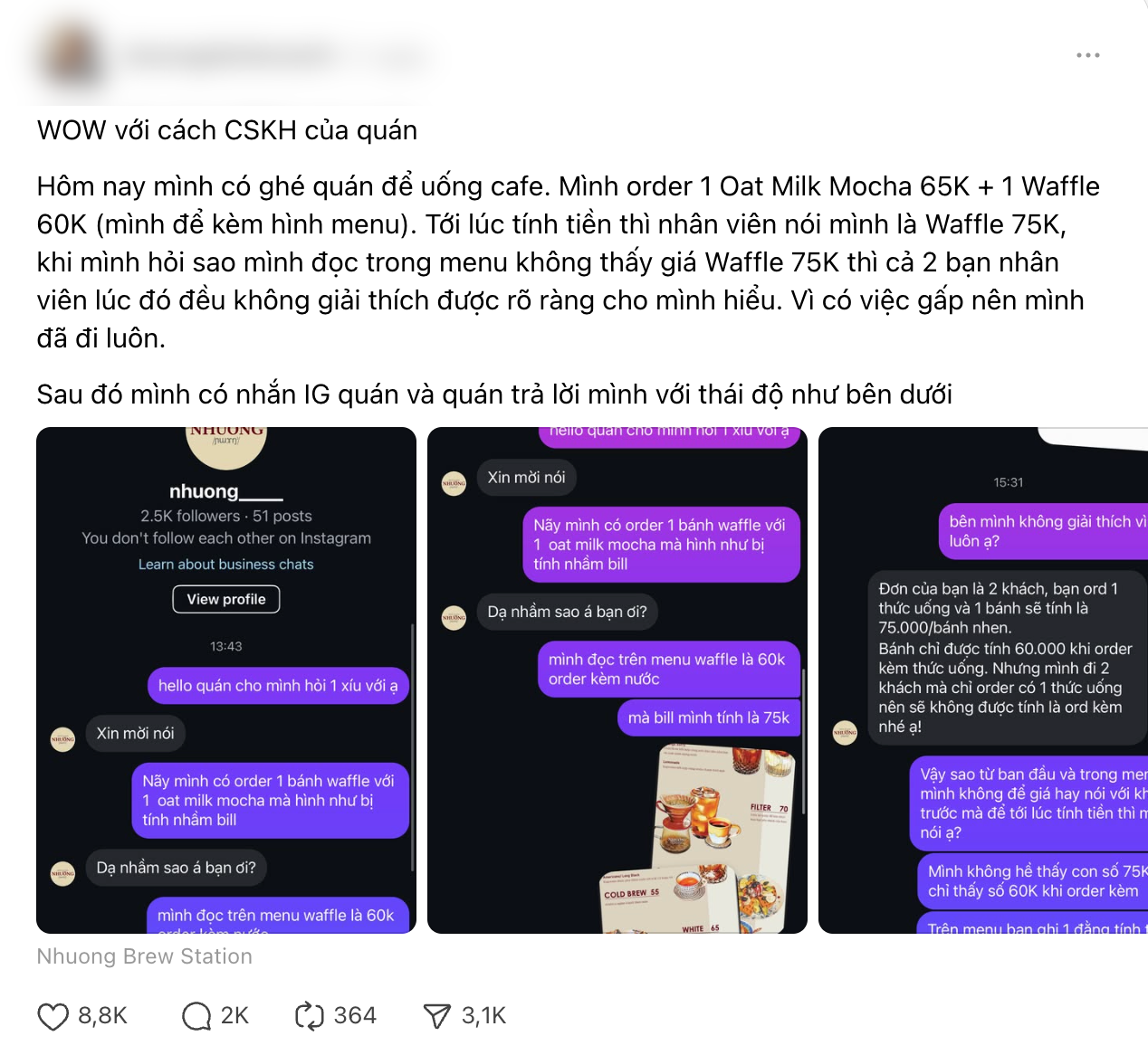 Phản hồi chính thức của quán cà phê phụ thu thêm tiền khi đi 2 người khiến thực khách bức xúc- Ảnh 1.
