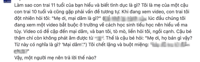 "Con hỏi mại dâm là gì, trả lời ra sao? Thắc mắc của bà mẹ nhận cơn mưa lời khuyên, đọc câu nào cũng thấy có lý!- Ảnh 1.