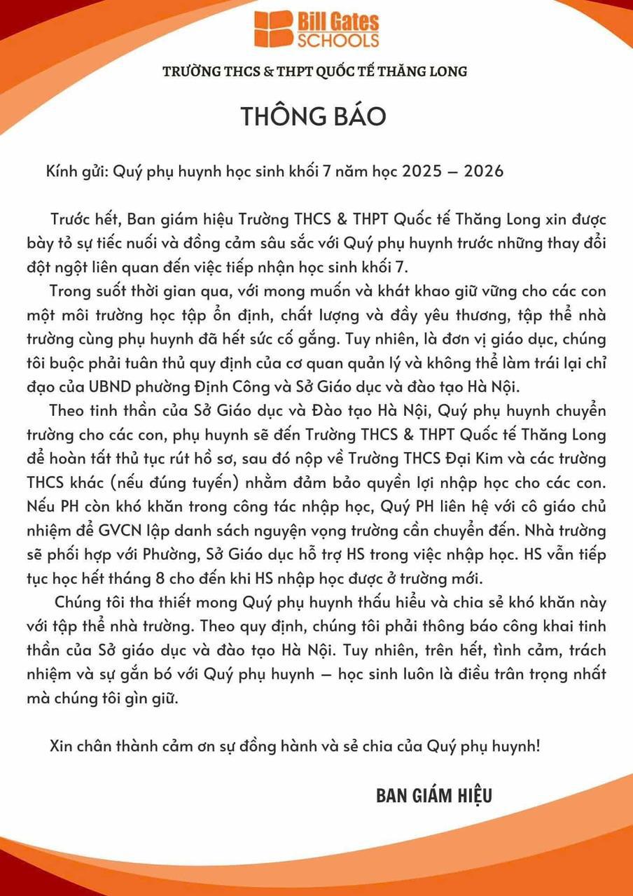 Xôn xao một trường quốc tế bất ngờ yêu cầu phụ huynh học sinh khối 7 cho con chuyển trường dù năm học mới sắp bắt đầu- Ảnh 1.