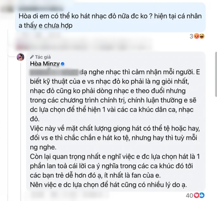 Hòa Minzy thẳng thắn đáp trả khi bị yêu cầu ngưng hát nhạc đỏ- Ảnh 2.