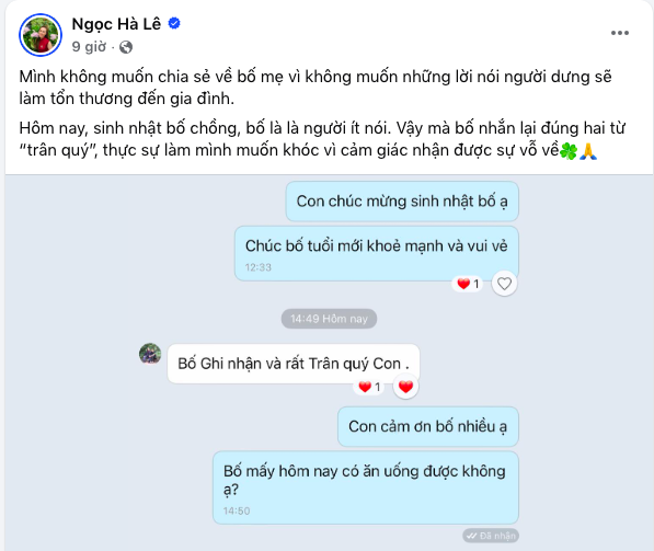 Vợ NSND Công Lý chia sẻ đoạn tin nhắn với bố chồng, muốn khóc vì 2 chữ- Ảnh 1. Vợ NSND Công Lý chia sẻ đoạn tin nhắn với bố chồng, muốn khóc vì 2 chữ- Ảnh 1.