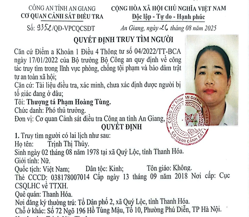 Ai biết thông tin đối tượng Trịnh Thị Thủy hãy báo ngay cho công an- Ảnh 1.
