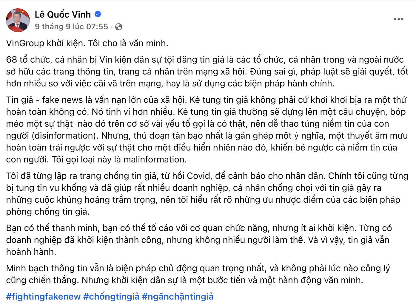 Vụ kiện 68 cá nhân tổ chức lan truyền tin giả của Vingroup: Đây là một việc văn minh!- Ảnh 2.