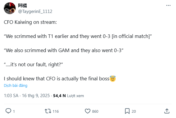 Kaiwing cho biết CFO đã scrim với cả T1 lẫn GAM