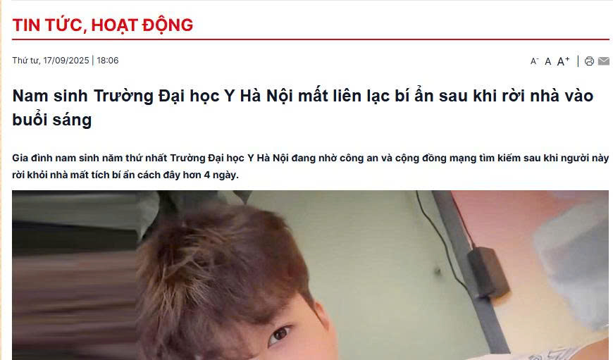Vụ tân sinh viên ở Hà Nội nhiều ngày mất liên lạc với gia đình: Trường Đại học Y Hà Nội thông tin bất ngờ- Ảnh 1.