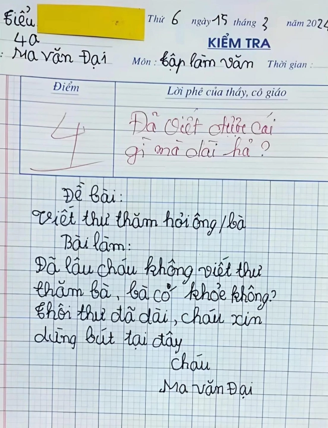 Bài văn viết thư hỏi thăm bà gây bão MXH, được 4 điểm nhưng dân mạng phán: "Không oan tí nào!"- Ảnh 1. Bài văn viết thư hỏi thăm bà gây bão MXH, được 4 điểm nhưng dân mạng phán: "Không oan tí nào!"- Ảnh 1.