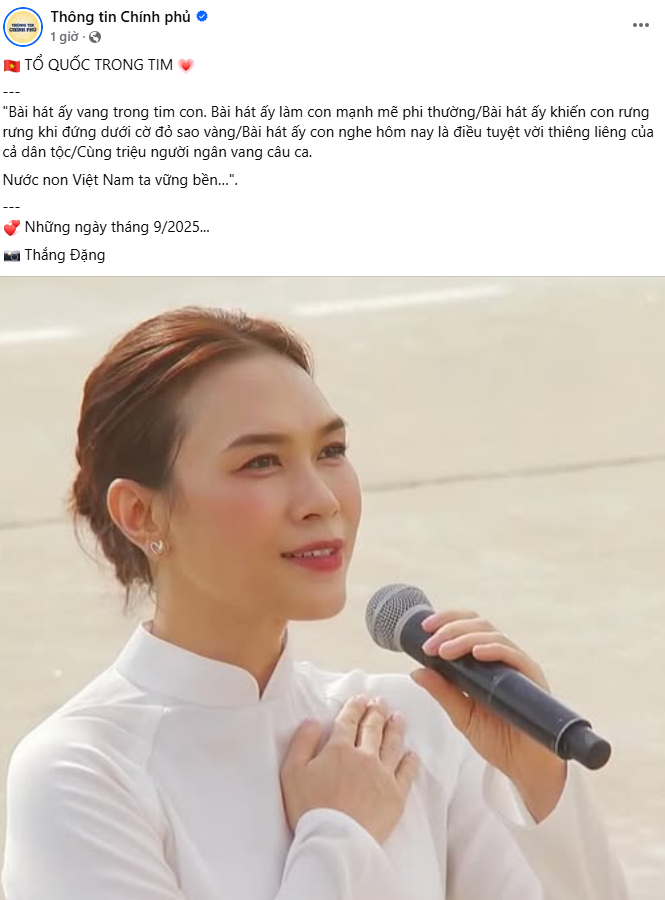 Trang Thông tin Chính phủ viết về hình ảnh để đời của Mỹ Tâm, chỉ 1 khoảnh khắc cho thấy sự tinh tế của BTC Đại lễ 2/9- Ảnh 1. Trang Thông tin Chính phủ viết về hình ảnh để đời của Mỹ Tâm, chỉ 1 khoảnh khắc cho thấy sự tinh tế của BTC Đại lễ 2/9- Ảnh 1.