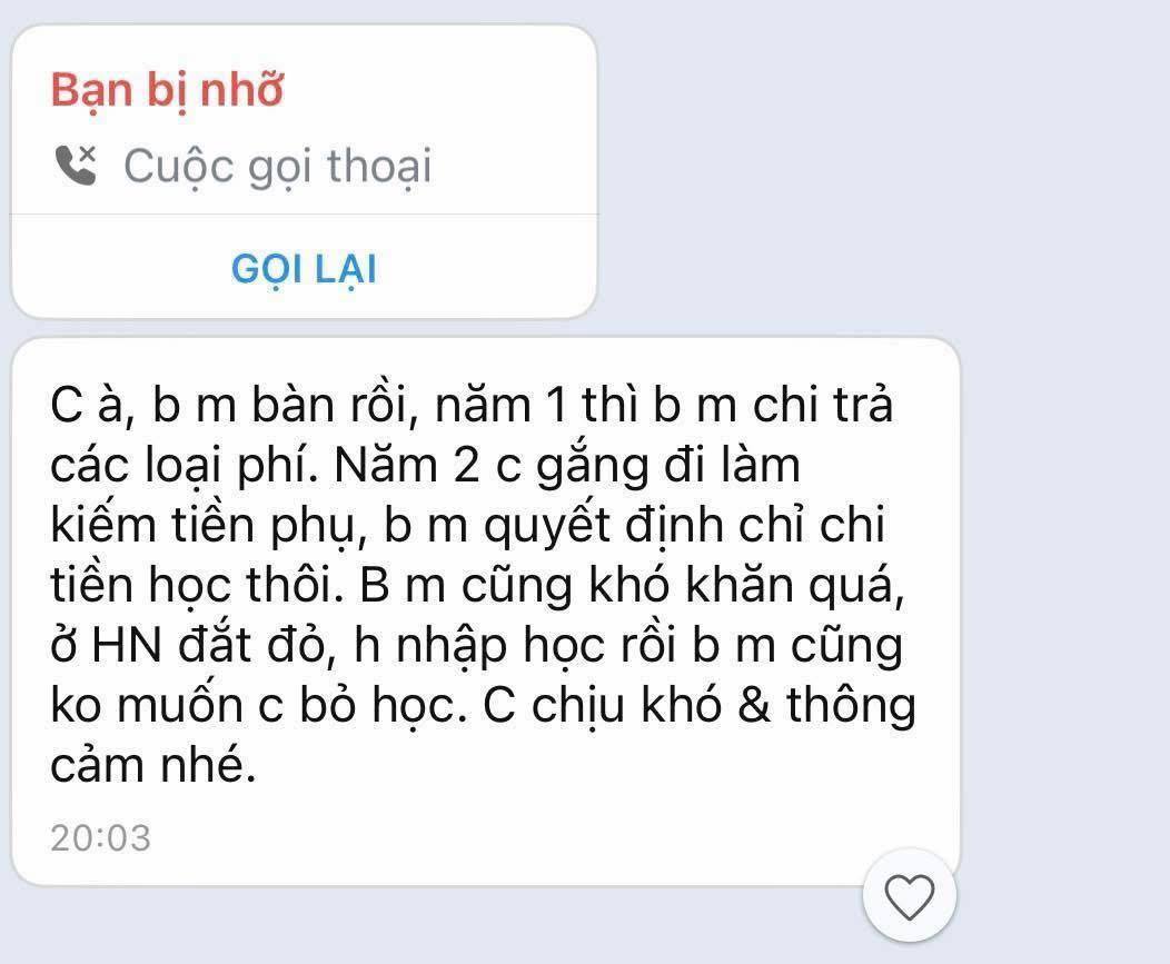 Tin nhắn mẹ gửi con gái 18 tuổi khiến tất cả xót xa: “Ở Hà Nội đắt đỏ… con cố gắng đi làm kiếm tiền”- Ảnh 1.