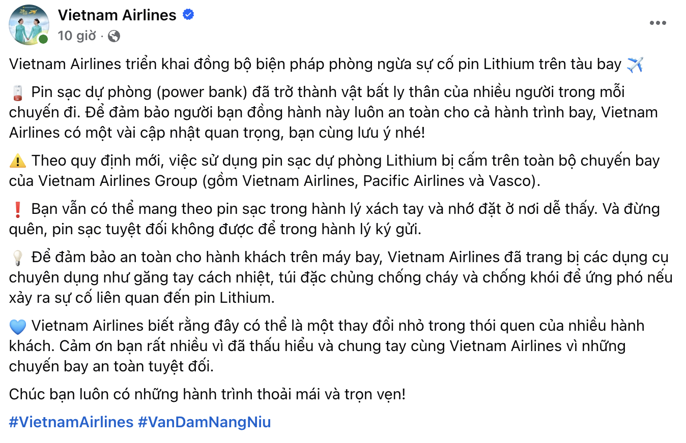Vietnam Airlines đưa ra thông báo quan trọng về cấm dùng pin sạc dự phòng trên máy bay- Ảnh 1.