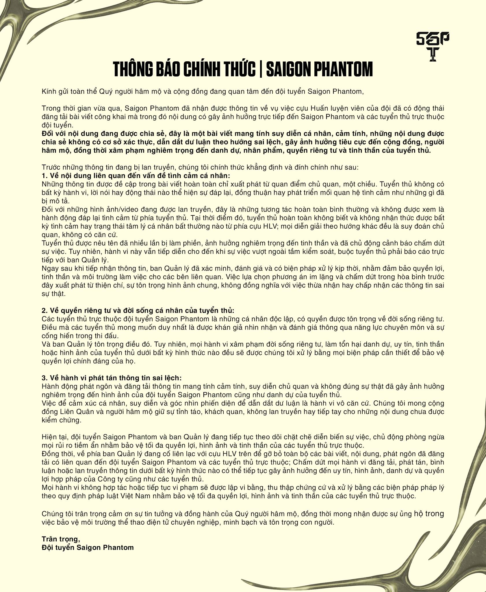 Saigon Phantom ch&iacute;nh thức l&ecirc;n tiếng về drama t&igrave;nh cảm của cựu HLV với tuyển thủ- Ảnh 2.