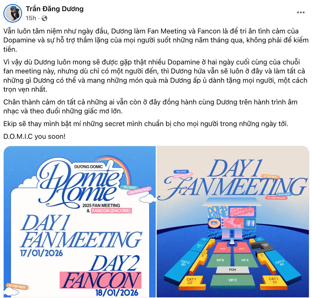 Dương Domic lên tiếng sau tin đồn ế vé: Không làm fanmeeting vì tiền- Ảnh 1. Dương Domic lên tiếng sau tin đồn ế vé: Không làm fanmeeting vì tiền- Ảnh 1.