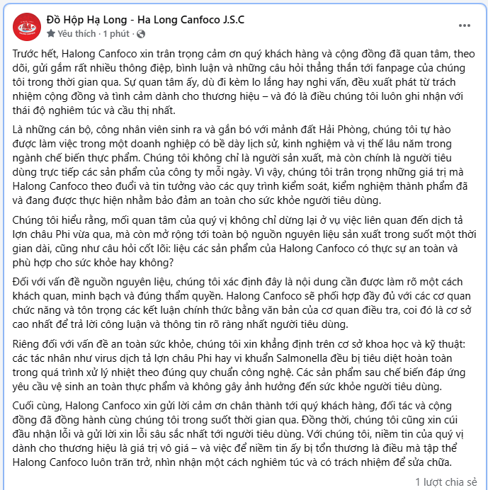 Fanpage Đồ hộp Hạ Long th&ocirc;ng b&aacute;o 
