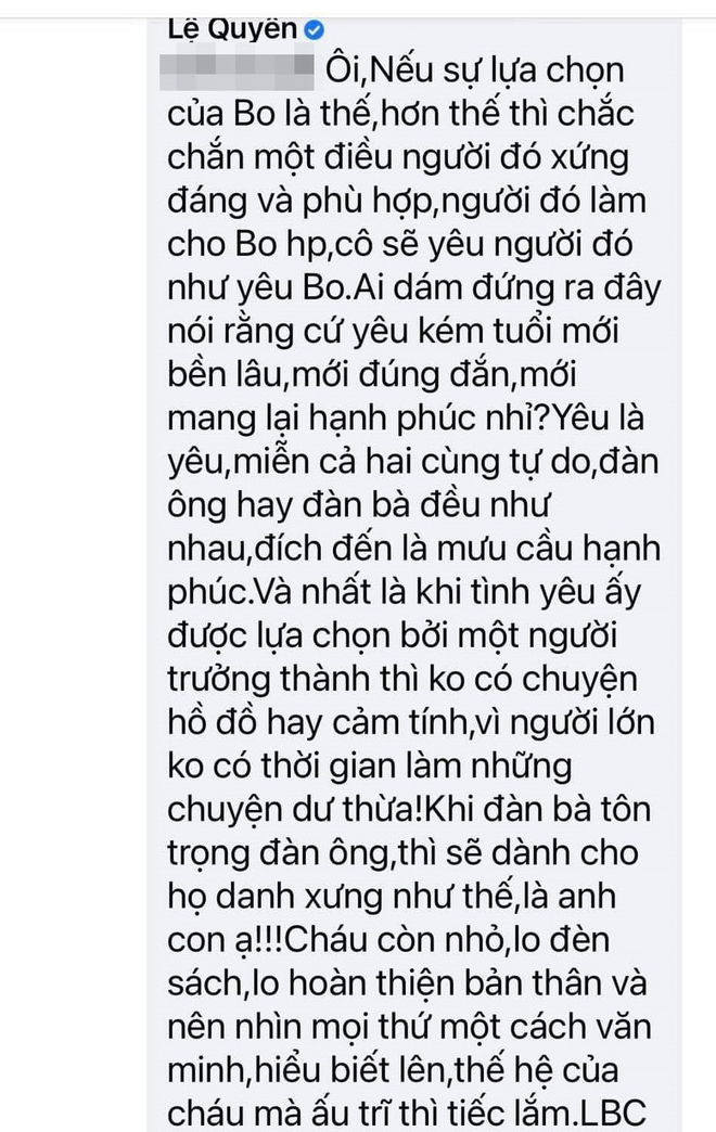 Lệ Quy&ecirc;n từng đ&aacute;p trả gắt khi bị chất vấn: "Nếu một ng&agrave;y b&eacute; Bo dẫn người con g&aacute;i hơn m&igrave;nh nhiều tuổi v&agrave; đ&atilde; c&oacute; con về ra mắt..."- Ảnh 1.
