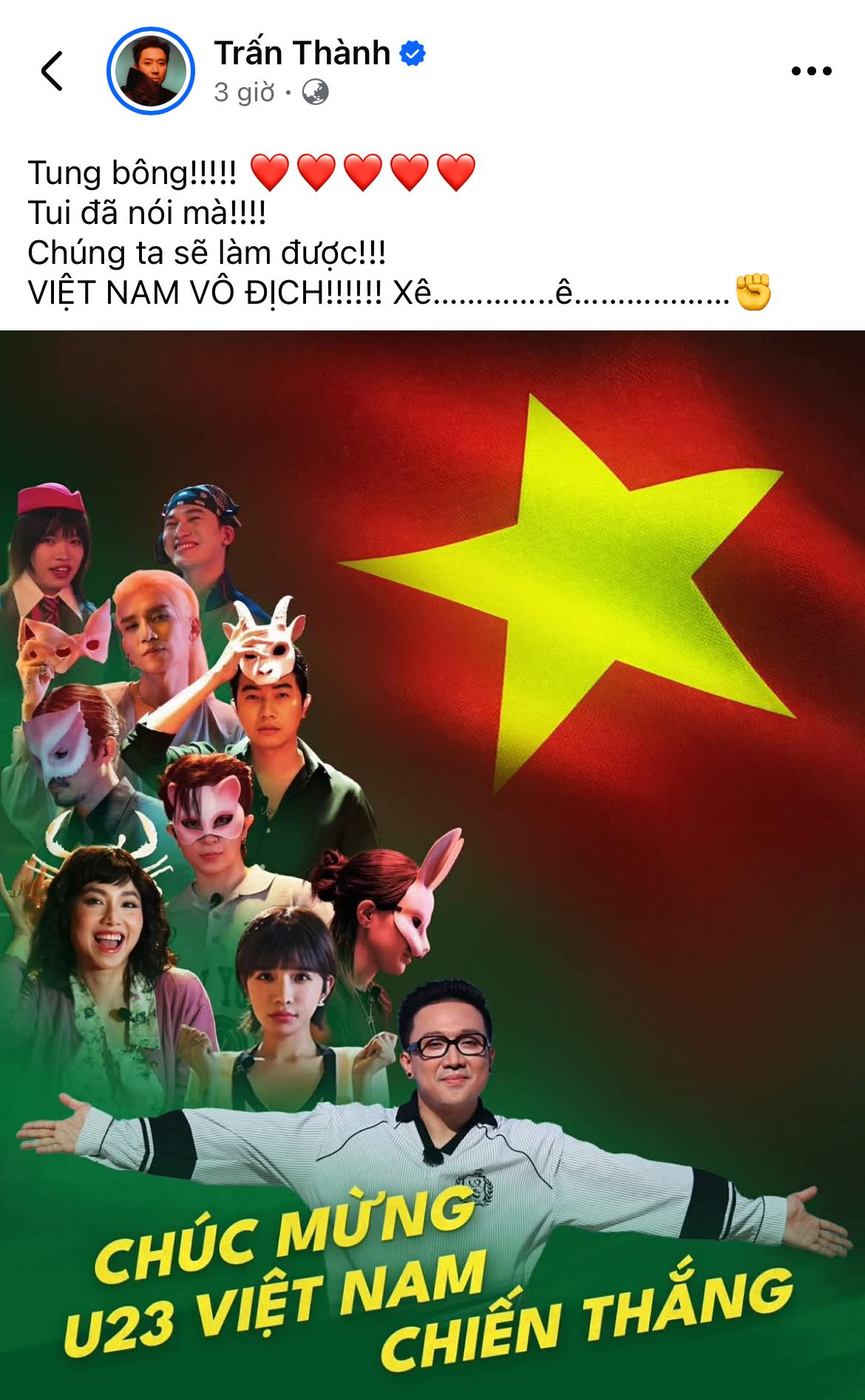 Trấn Th&agrave;nh, Ho&agrave; Minzy v&agrave; d&agrave;n sao Việt vỡ o&agrave; trước chiến thắng của U23 Việt Nam- Ảnh 1.