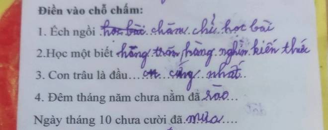 Học sinh tiểu học điền c&acirc;u th&agrave;nh ngữ "Ếch ngồi..." khiến d&acirc;n t&igrave;nh cười đau ruột: Sai r&agrave;nh r&agrave;nh nhưng lại thấy... c&oacute; l&yacute;!- Ảnh 1.