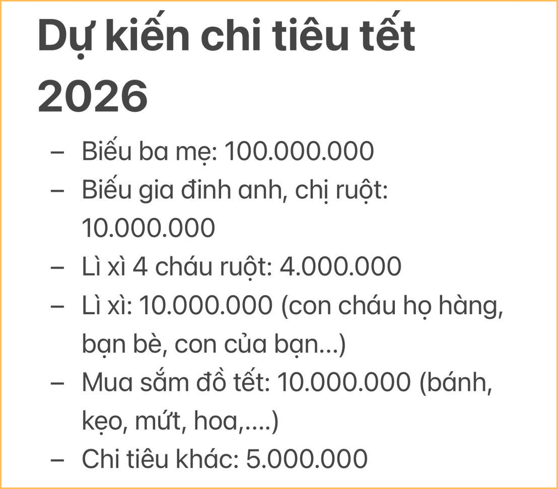 Bảng chi ti&ecirc;u Tết trị gi&aacute; 139 triệu: Biếu bố mẹ 100 triệu, 39 triệu c&ograve;n lại l&agrave;m những g&igrave;?- Ảnh 1.