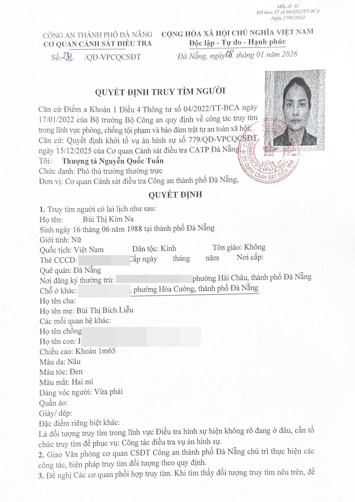 Ai biết tung t&iacute;ch B&ugrave;i Thị Kim Na, khẩn trương th&ocirc;ng b&aacute;o cho cơ quan c&ocirc;ng an- Ảnh 1.