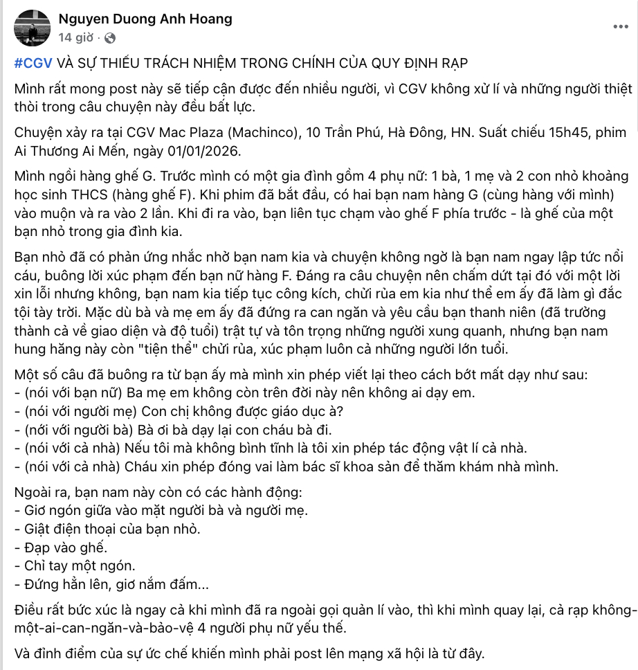 Kh&aacute;n giả phản &aacute;nh bị x&uacute;c phạm, đe doạ trong rạp phim ở H&agrave; Nội: "T&ocirc;i chỉ cần CGV c&oacute; một động th&aacute;i đơn giản"- Ảnh 1.
