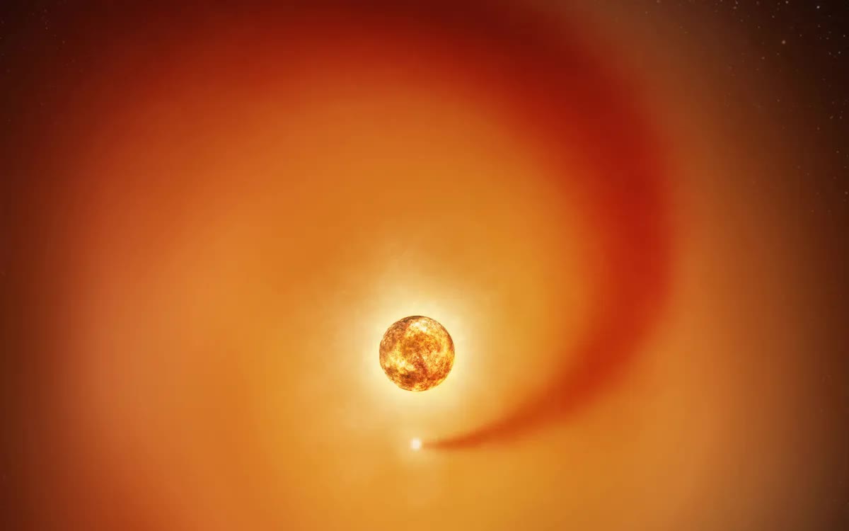 Minh họa sao si&ecirc;u khổng lồ Betelgeuse c&ugrave;ng ng&ocirc;i sao đồng h&agrave;nh Siwarha, tạo vệt kh&iacute; khi chuyển động trong kh&iacute; quyển ngo&agrave;i của Betelgeuse, ng&agrave;y 17/12/2025 (Ảnh: NASA/ESA/Reuters)