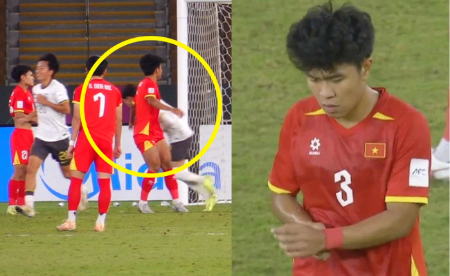 Cận cảnh pha đ&aacute;nh nguội của L&yacute; Đức khiến anh phải nhận thẻ đỏ, U23 Việt Nam mất người, cầu thủ trẻ nh&igrave;n m&agrave; tr&aacute;nh!- Ảnh 1.