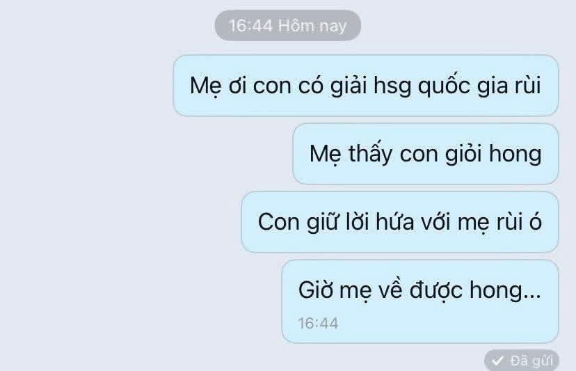 Đoạn tin nhắn của 1 học sinh đạt giải quốc gia lấy nước mắt người đọc: "Đọc những dòng này, các cô chú đã khóc. Gửi con yêu ngàn vòng tay ôm"- Ảnh 1. Đoạn tin nhắn của 1 học sinh đạt giải quốc gia lấy nước mắt người đọc: "Đọc những dòng này, các cô chú đã khóc. Gửi con yêu ngàn vòng tay ôm"- Ảnh 1.