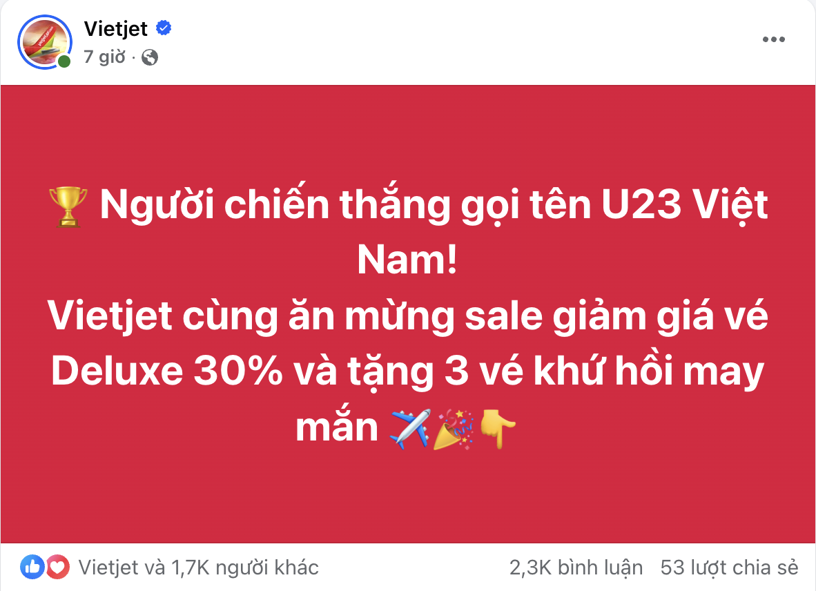 Một h&atilde;ng bay giảm tận 30% gi&aacute; v&eacute; sau chiến thắng của U23 Việt Nam- Ảnh 1.