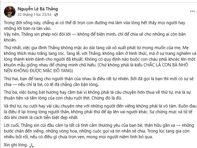 B&aacute; Thắng l&ecirc;n tiếng về 4 điều bị b&agrave;n t&aacute;n trong đ&aacute;m tang cha, diễn vi&ecirc;n H&ograve;a Hiệp cũng đăng status n&oacute;i r&otilde;- Ảnh 3.