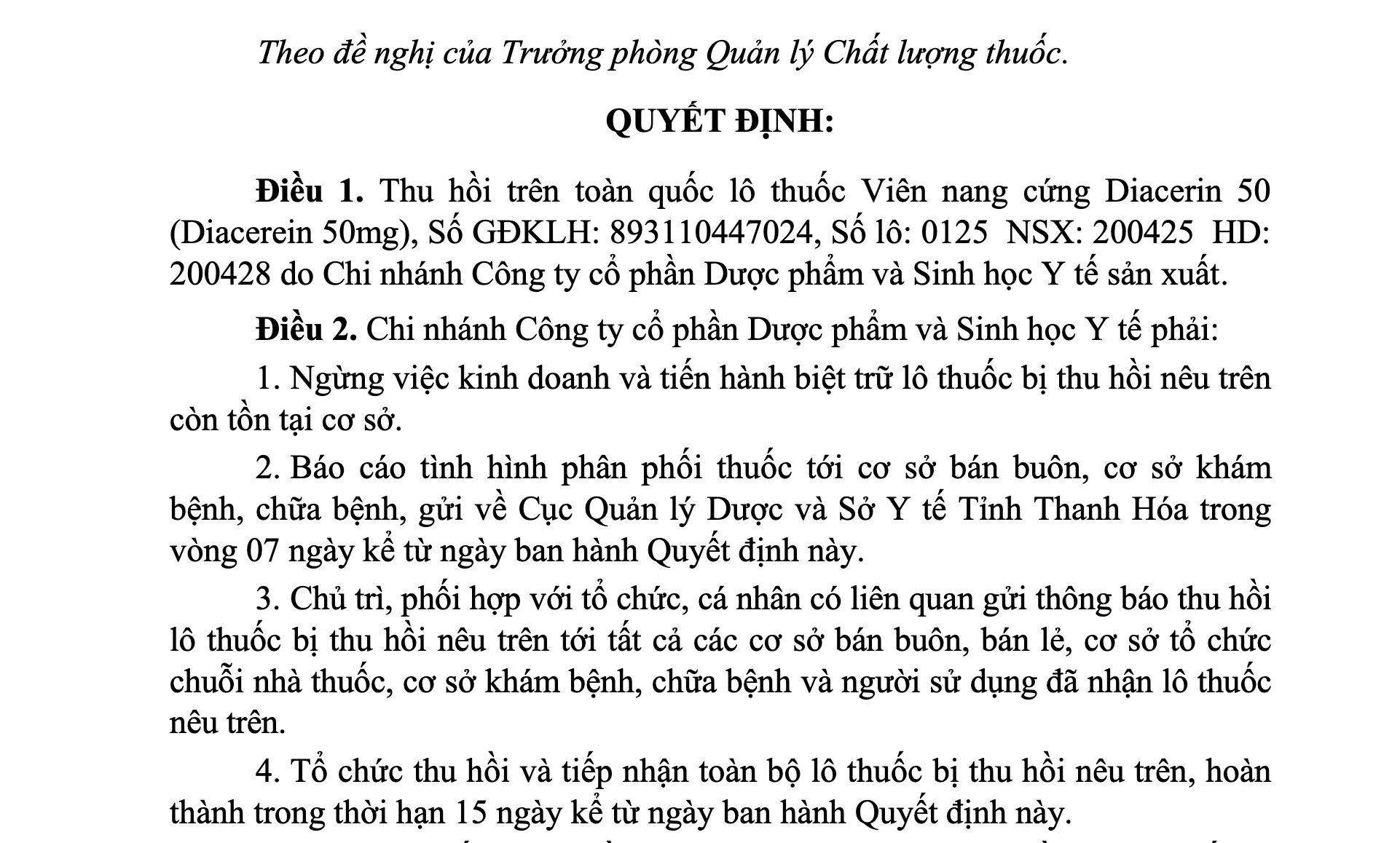 Thu hồi to&agrave;n quốc l&ocirc; thuốc Diacerin 50 do vi phạm chất lượng- Ảnh 1.