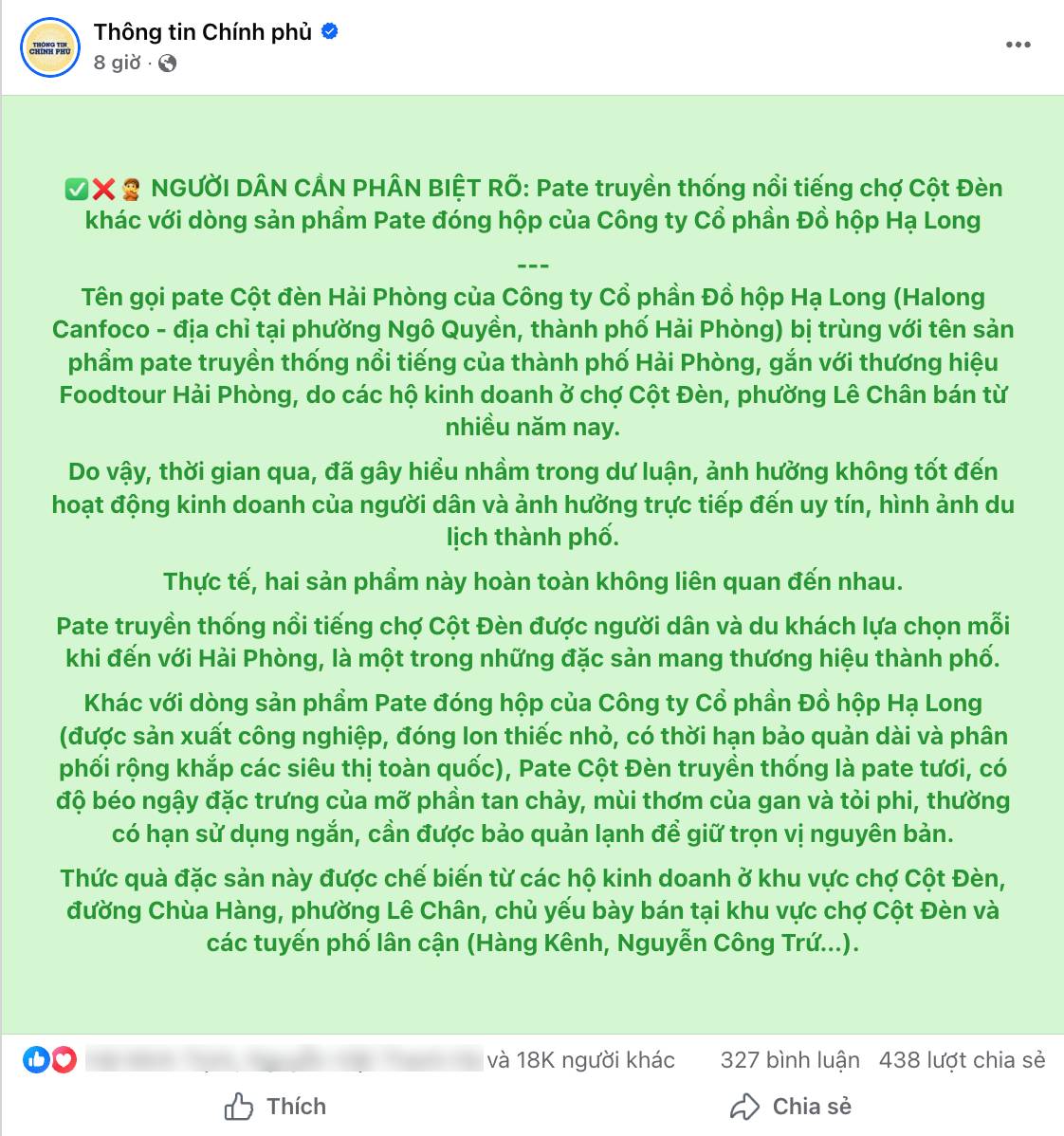 Trang Th&ocirc;ng tin Ch&iacute;nh phủ đưa khuyến c&aacute;o quan trọng về pate Cột Đ&egrave;n- Ảnh 1.