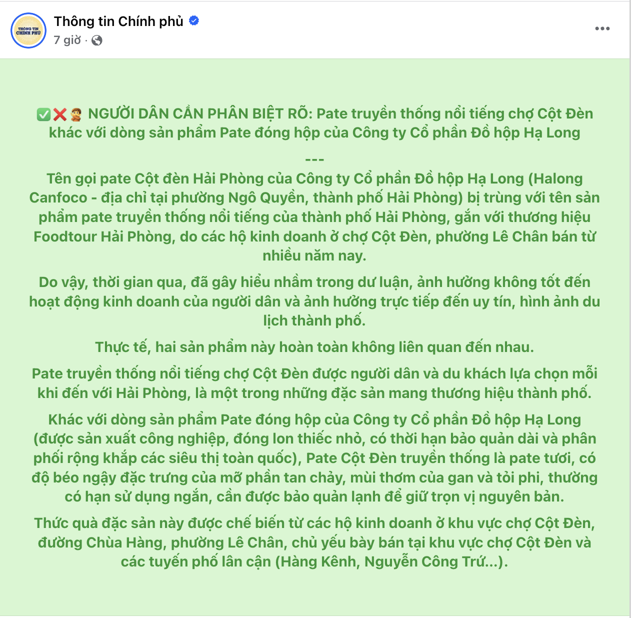 Fanpage Th&ocirc;ng tin ch&iacute;nh phủ "minh oan" cho Pate Cột đ&egrave;n Hải Ph&ograve;ng truyền thống- Ảnh 1.