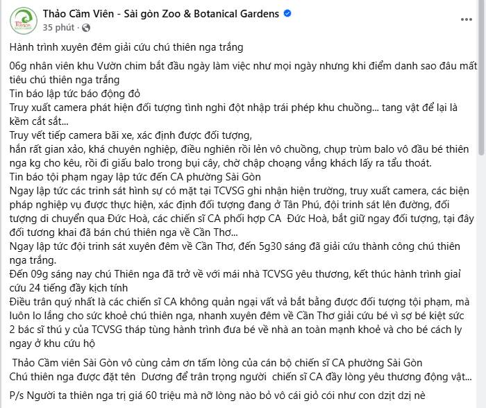 To&agrave;n cảnh qu&aacute; tr&igrave;nh giải cứu thi&ecirc;n nga trắng 60 triệu bị nh&eacute;t v&agrave;o balo, &ldquo;bắt c&oacute;c&rdquo; khỏi Thảo Cầm Vi&ecirc;n- Ảnh 1.