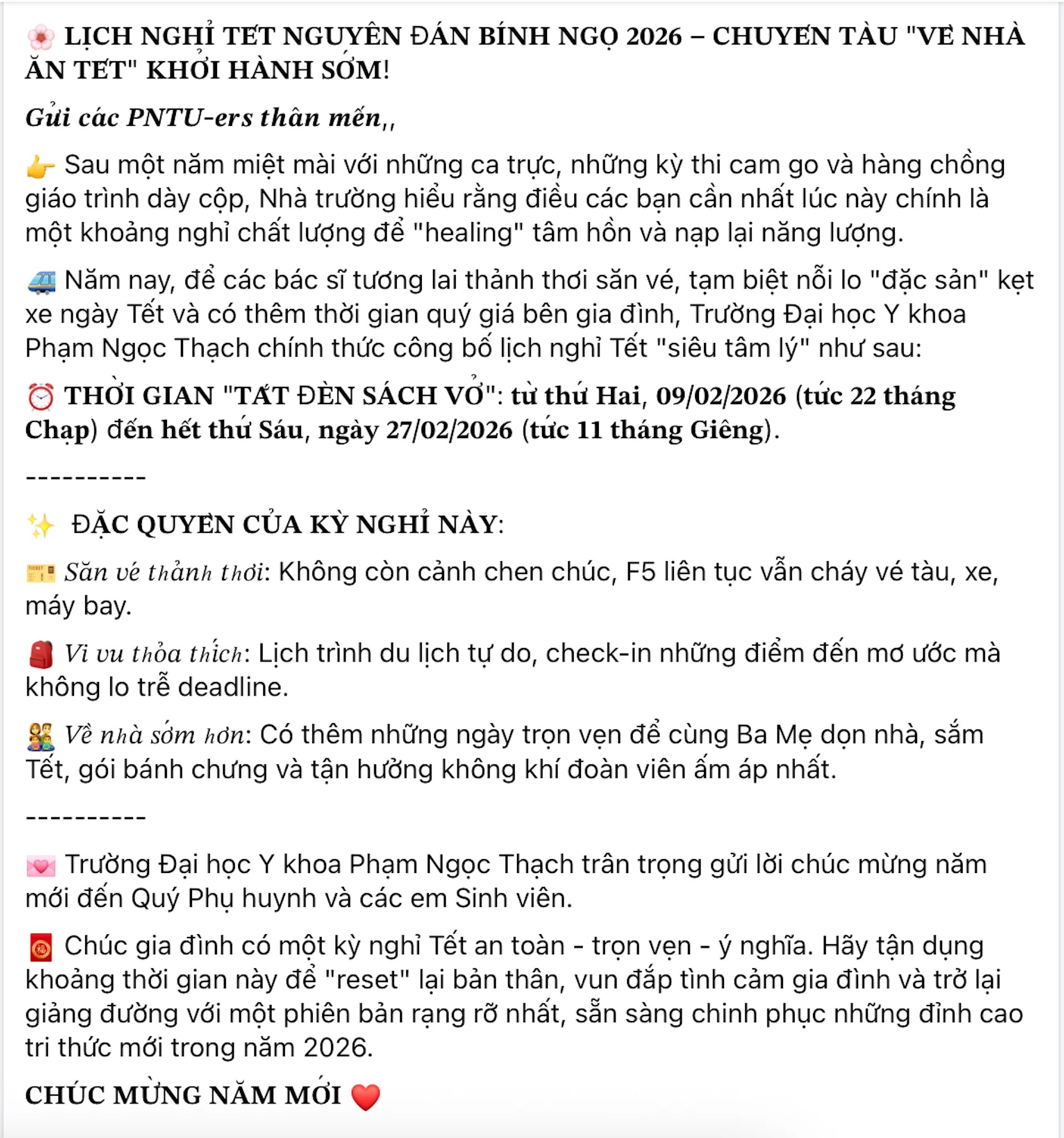 Thông báo nghỉ Tết LẠ nhất mùa Xuân 2026: "Tắt đèn sách vở" - ĐH Y khoa Phạm Ngọc Thạch gây sốt!- Ảnh 1. Thông báo nghỉ Tết LẠ nhất mùa Xuân 2026: "Tắt đèn sách vở" - ĐH Y khoa Phạm Ngọc Thạch gây sốt!- Ảnh 1.