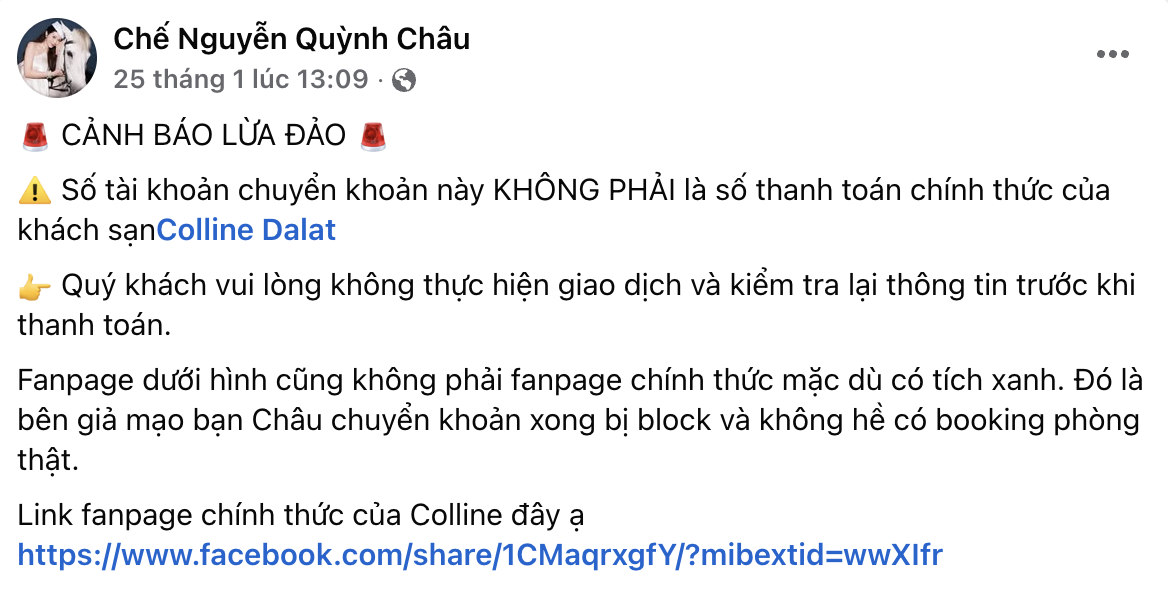Vợ Á hậu của chủ tịch khách sạn Colline Dalat cảnh báo nóng, khách cẩn thận kẻo mất tiền oan- Ảnh 1. Vợ Á hậu của chủ tịch khách sạn Colline Dalat cảnh báo nóng, khách cẩn thận kẻo mất tiền oan- Ảnh 1.