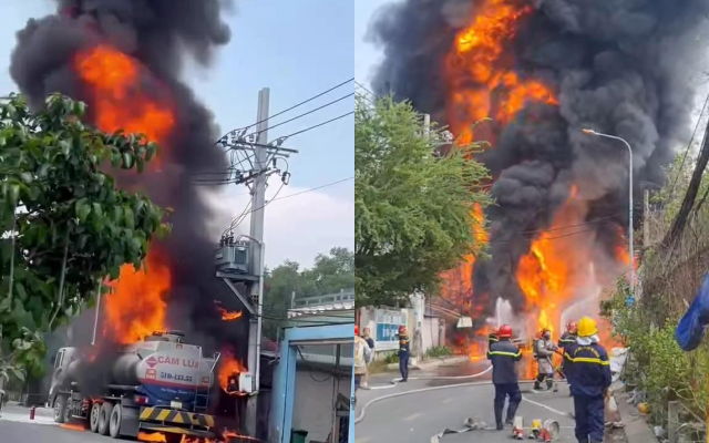 Xe bồn chở xăng bốc cháy dữ dội khi đang lưu thông ở TP.HCM- Ảnh 1. Xe bồn chở xăng bốc cháy dữ dội khi đang lưu thông ở TP.HCM- Ảnh 1.