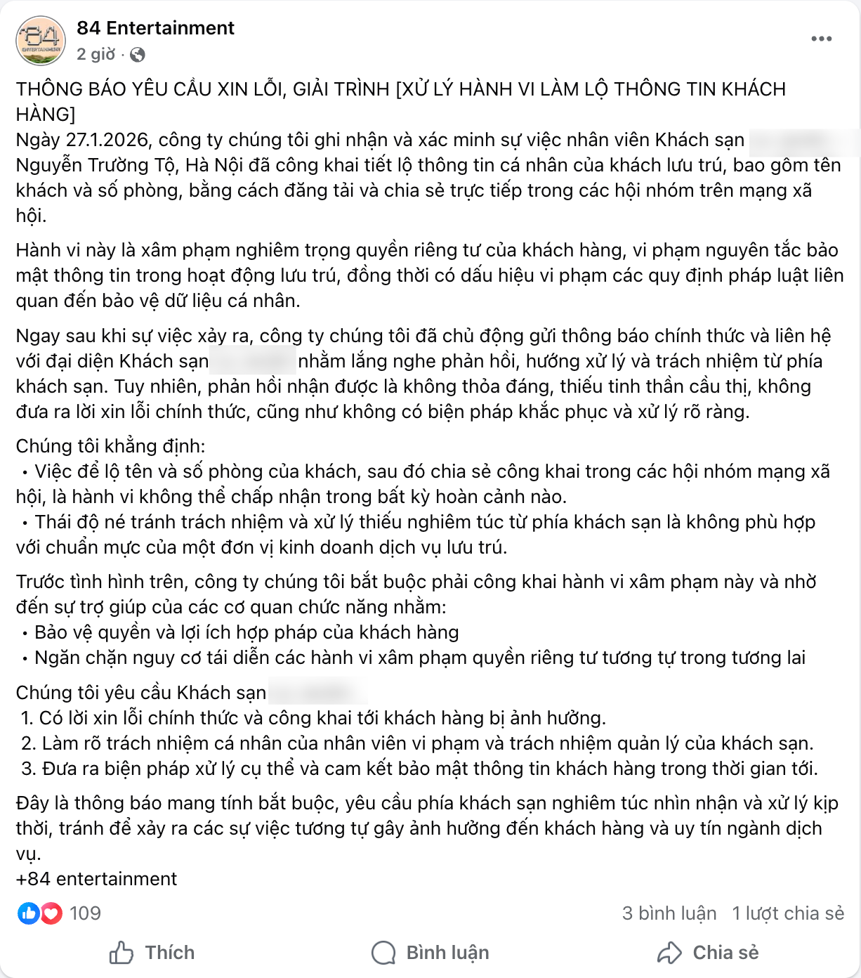Kh&aacute;ch sạn tại H&agrave; Nội bị tố ph&aacute;t t&aacute;n th&ocirc;ng tin ri&ecirc;ng tư của nghệ sĩ, th&aacute;i độ xử l&iacute; khi bị phản &aacute;nh g&acirc;y tranh c&atilde;i- Ảnh 1.
