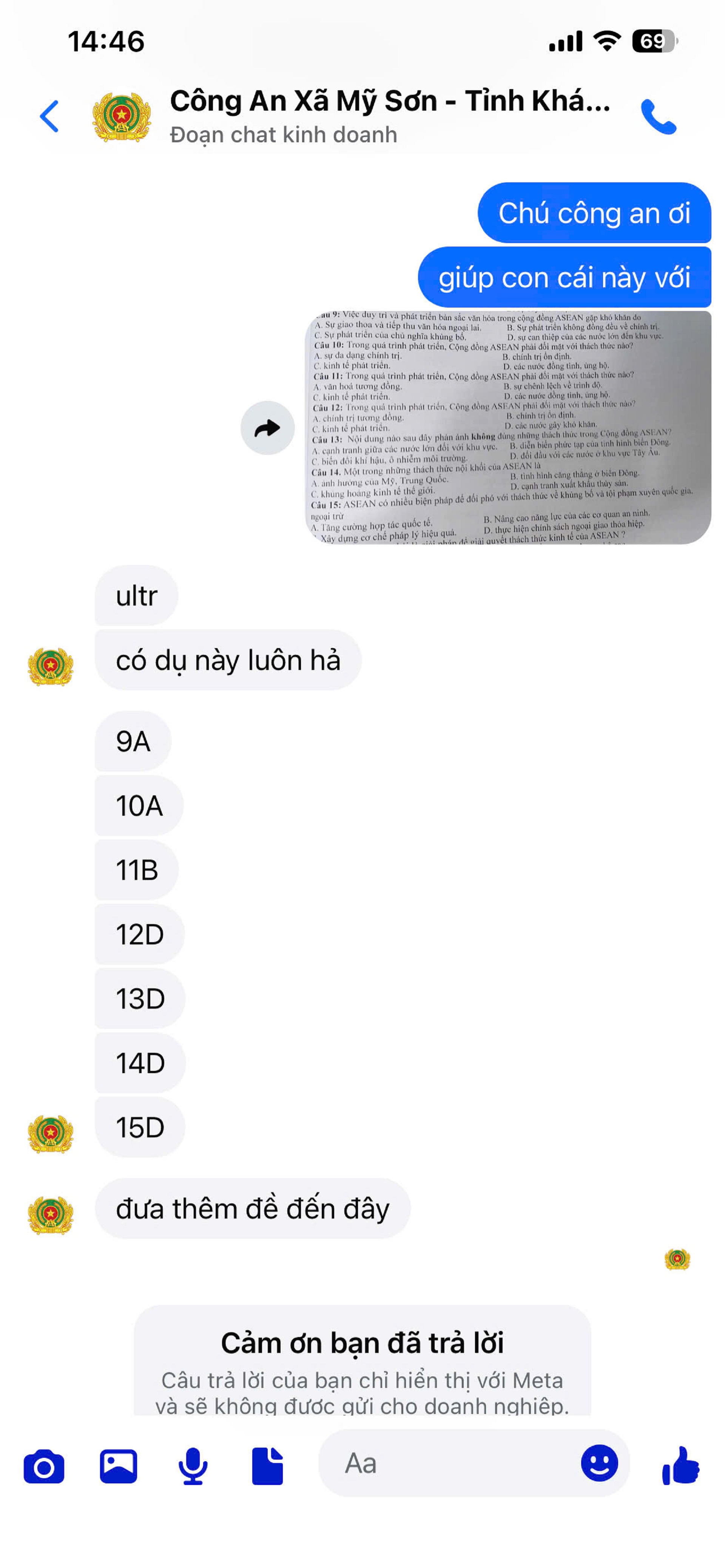 Học sinh nhờ "ch&uacute; c&ocirc;ng an" giải đề thi v&agrave; c&aacute;i kết: Page C&ocirc;ng an x&atilde; nhận "b&atilde;o tin nhắn"- Ảnh 1.