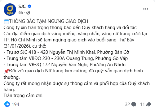 N&Oacute;NG: Gi&aacute; v&agrave;ng giảm mạnh, SJC th&ocirc;ng b&aacute;o tạm ngừng b&aacute;n v&agrave;ng miếng, v&agrave;ng nhẫn v&agrave;o ng&agrave;y mai!- Ảnh 1.