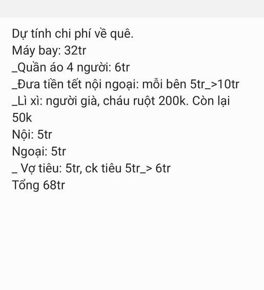 Nhà 4 người về quê nghỉ Tết hết 68 triệu, nhiều người thảng thốt: “Tiêu ghê vậy?!”- Ảnh 1. Nhà 4 người về quê nghỉ Tết hết 68 triệu, nhiều người thảng thốt: “Tiêu ghê vậy?!”- Ảnh 1.