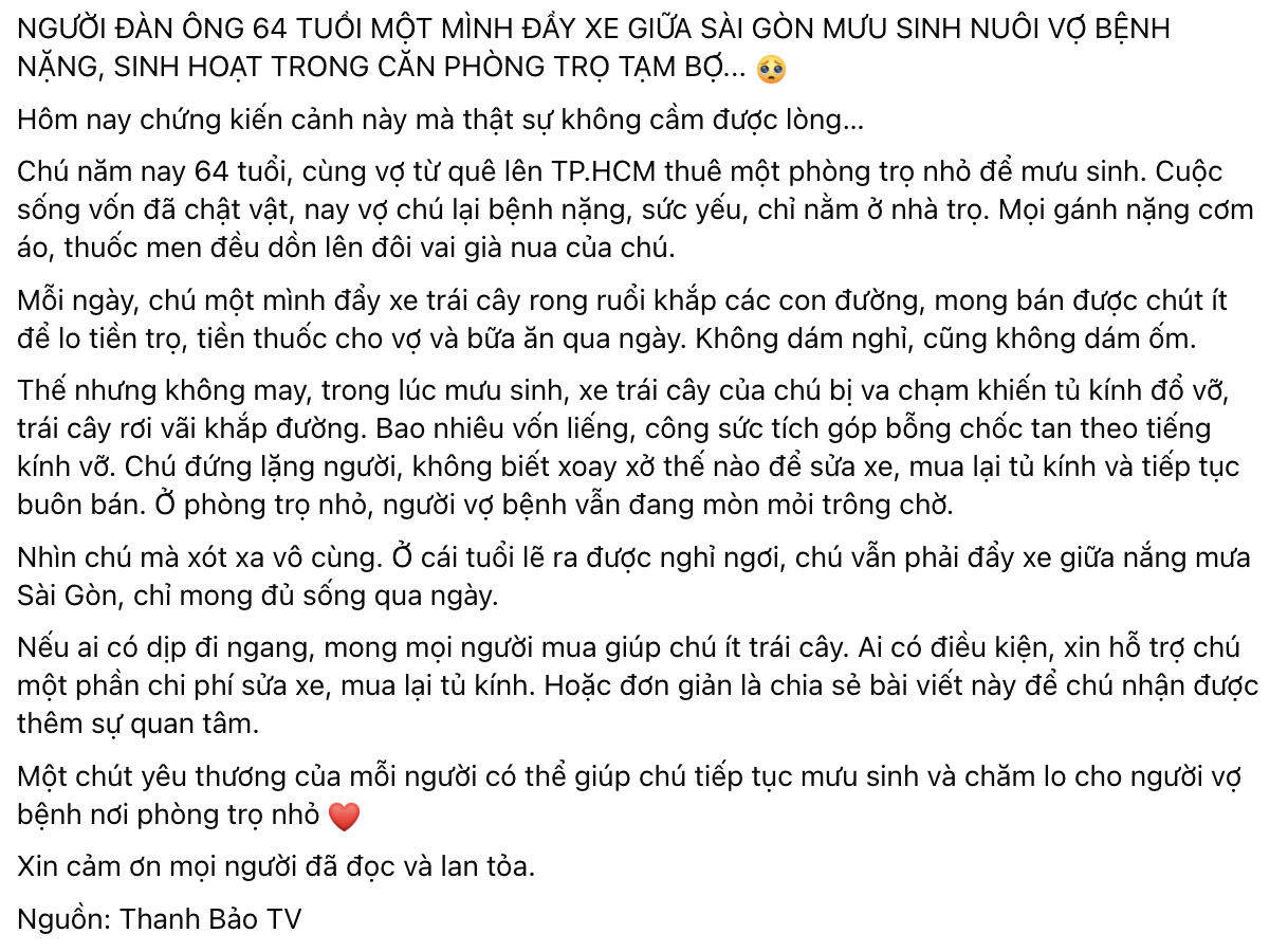 C&acirc;u chuyện bất ngờ ph&iacute;a sau chiếc xe tr&aacute;i c&acirc;y vỡ n&aacute;t của người đ&agrave;n &ocirc;ng 64 tuổi một m&igrave;nh nu&ocirc;i vợ bệnh ở TP.HCM- Ảnh 1.