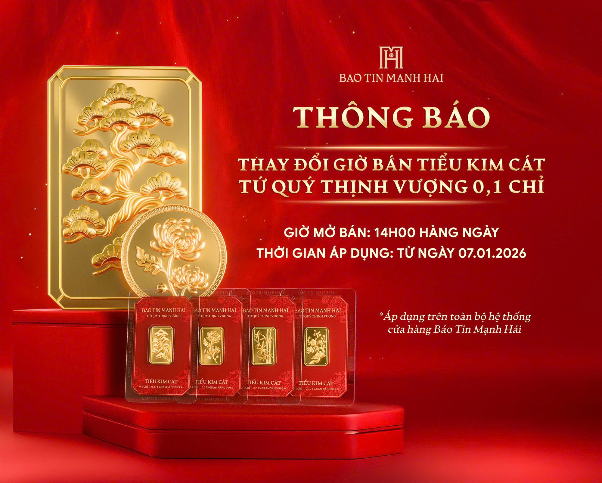 Bảo Tín Mạnh Hải thông báo về sản phẩm vàng 0,1 chỉ: Thay đổi từ ngày mai (7/1), khách hàng lưu ý!- Ảnh 1. Bảo Tín Mạnh Hải thông báo về sản phẩm vàng 0,1 chỉ: Thay đổi từ ngày mai (7/1), khách hàng lưu ý!- Ảnh 1.
