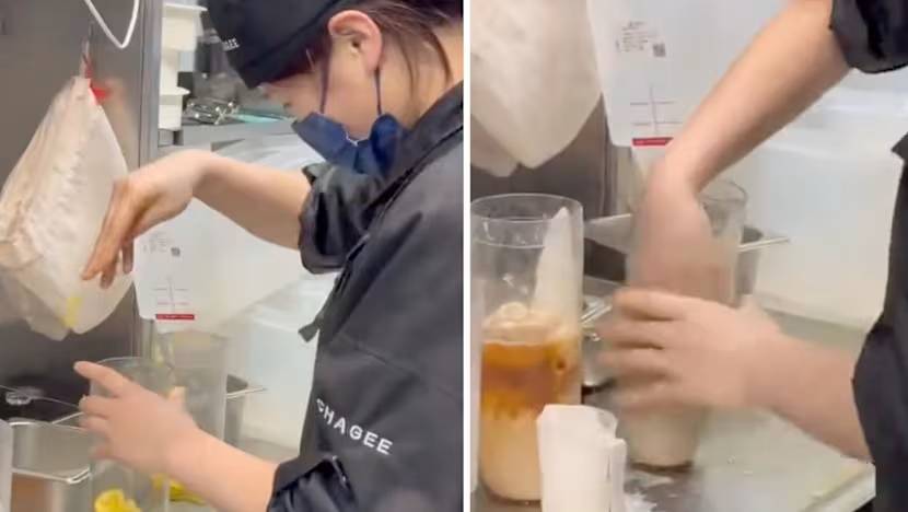 Sốc: Nh&acirc;n vi&ecirc;n Chagee d&ugrave;ng tay trần khuấy tr&agrave; sữa, nhặt nguy&ecirc;n liệu rơi cho v&agrave;o cốc- Ảnh 1.