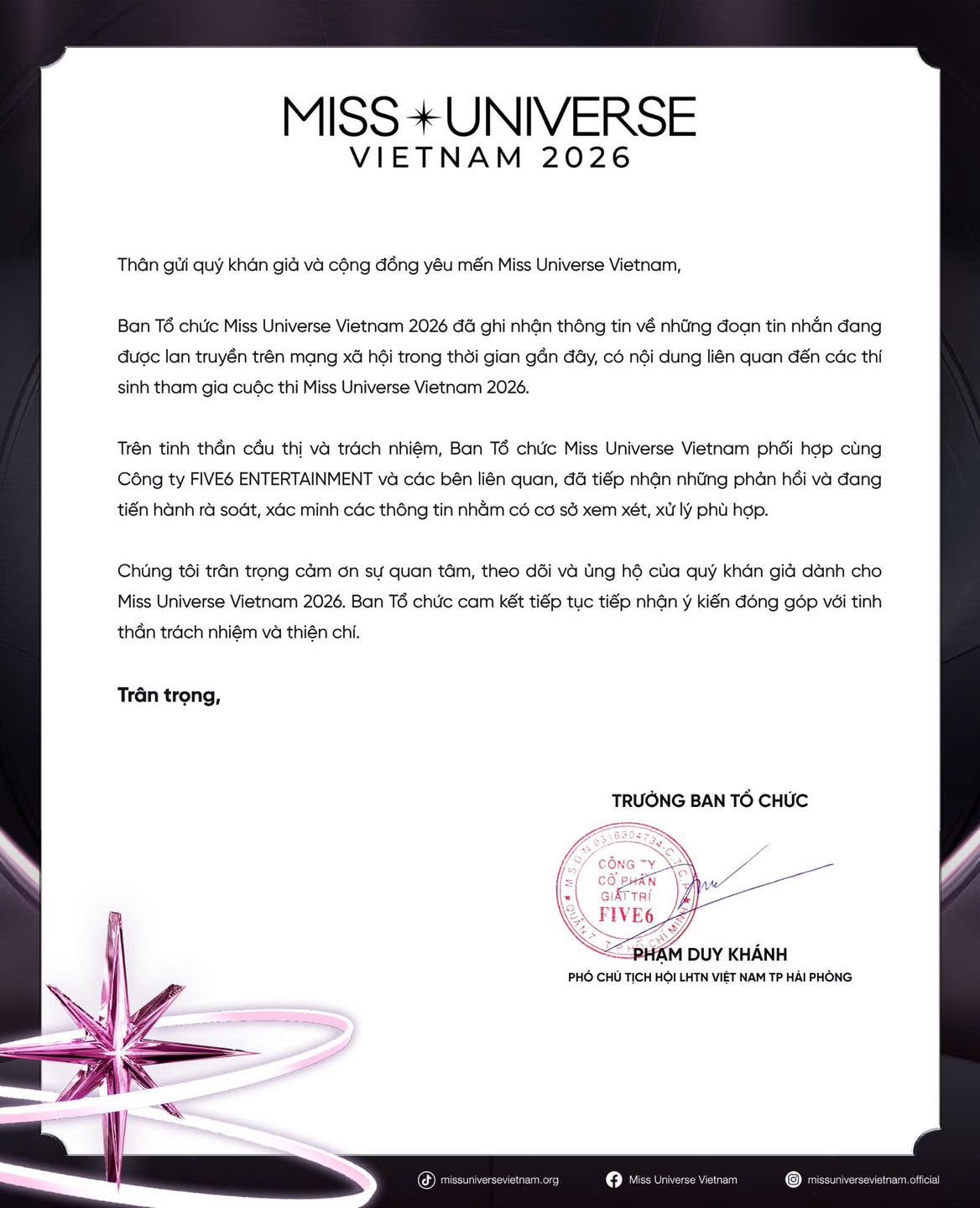 BTC Miss Universe Vietnam l&ecirc;n tiếng n&oacute;ng về nh&oacute;m chat n&oacute;i xấu- Ảnh 1.