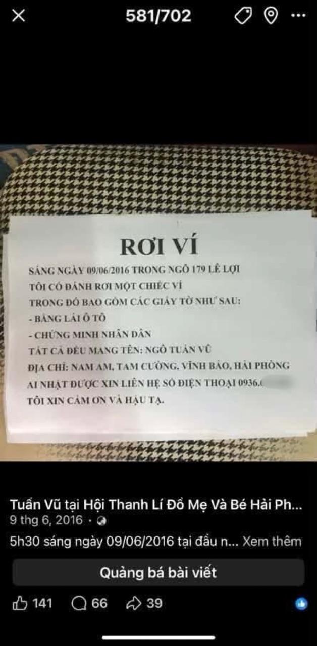 Mất v&iacute; tiền c&oacute; 20 triệu đồng, 10 năm sau người đ&agrave;n &ocirc;ng ở Hải Ph&ograve;ng nhận tin bất ngờ- Ảnh 1.