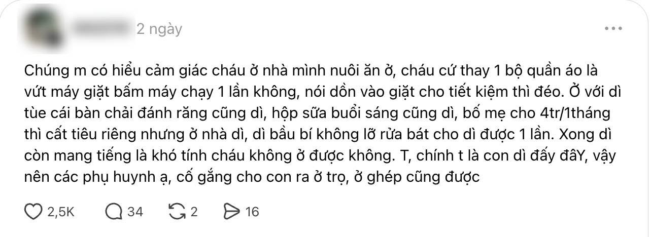 Cho ch&aacute;u ở nhờ đi học, người d&igrave; "kh&oacute;c r&ograve;ng" v&igrave; chiếc m&aacute;y giặt, khuy&ecirc;n phụ huynh n&ecirc;n cho con ra ở trọ, đừng l&agrave;m phiền b&agrave; con- Ảnh 1.