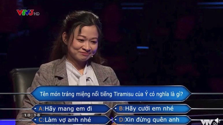“Bánh tiramisu có nghĩa là gì?” - Câu hỏi trị giá 14 triệu đồng tại Ai Là Triệu Phú, người chơi bỏ cuộc- Ảnh 1.