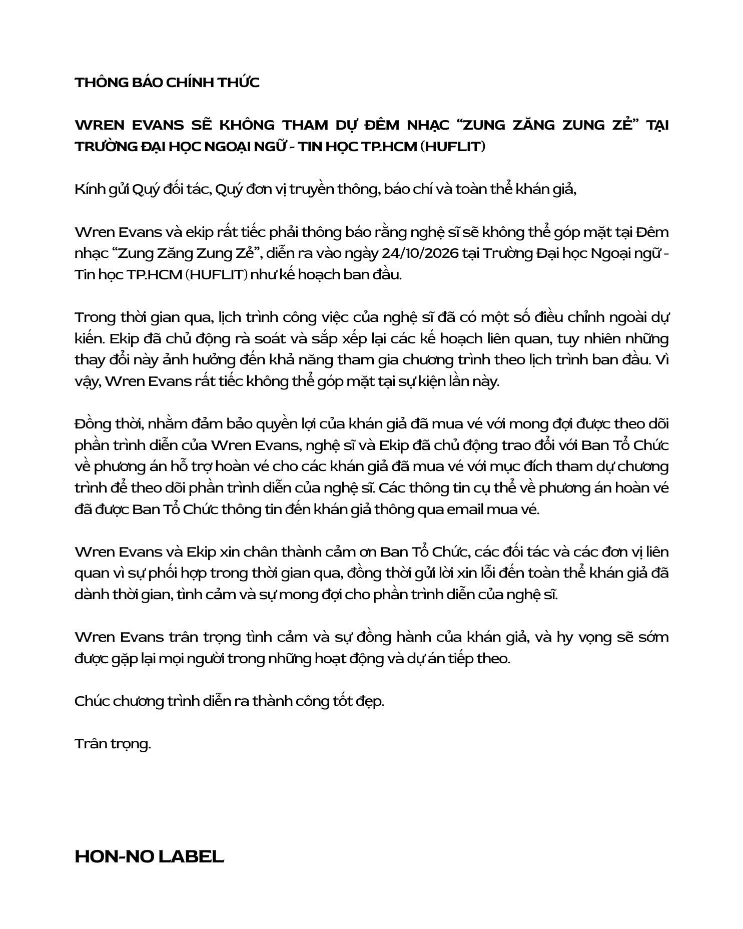 Wren Evans r&uacute;t khỏi show diễn trường đại học- Ảnh 1.