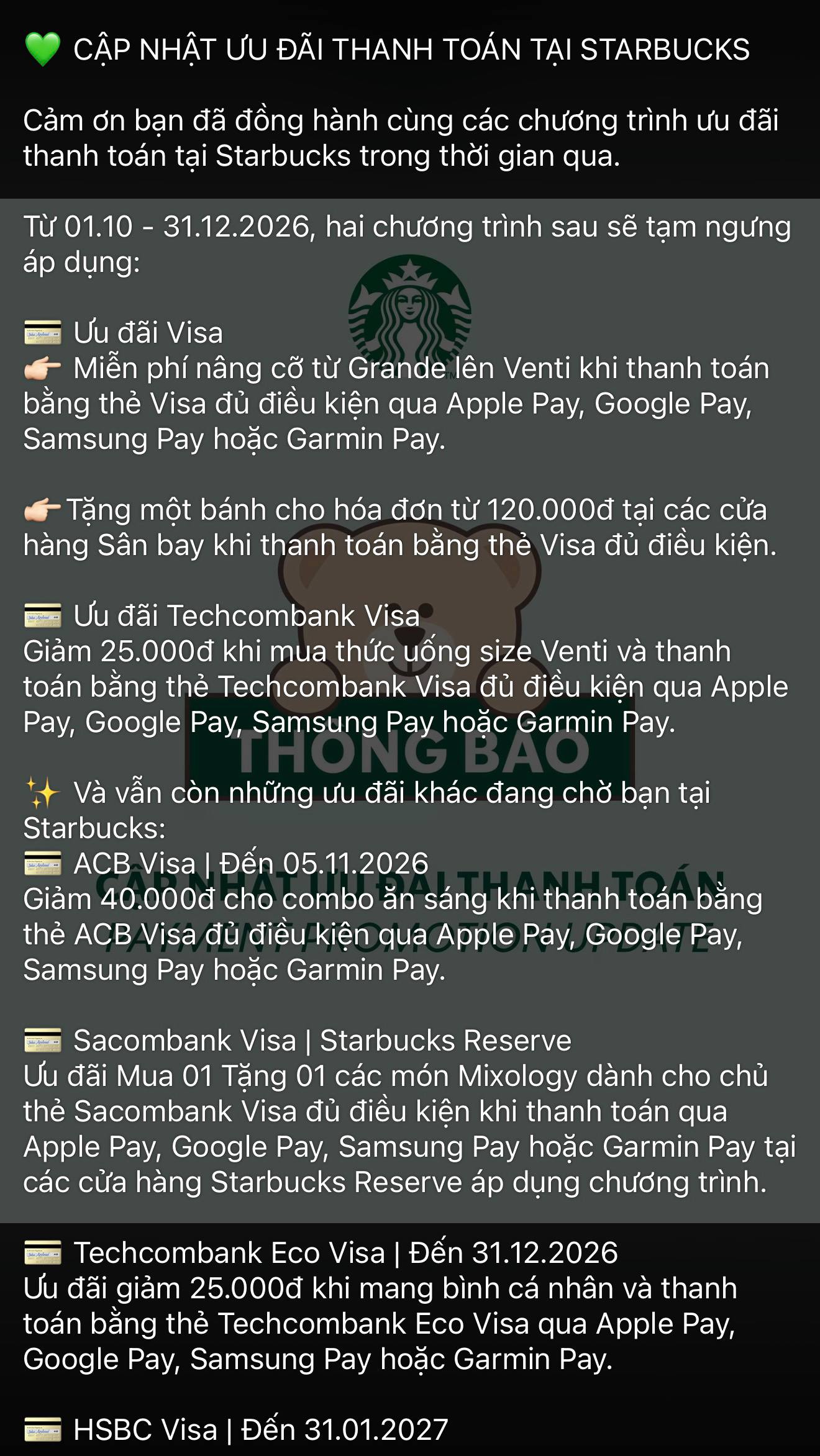 Starbucks tạm ngưng loạt ưu đ&atilde;i thanh to&aacute;n bằng Visa, Techcombank từ th&aacute;ng 10, kh&aacute;ch h&agrave;ng cần phải l&agrave;m g&igrave;?- Ảnh 2.