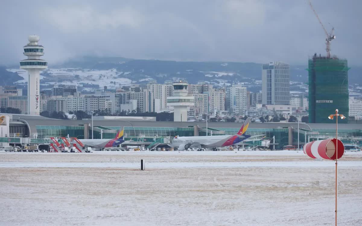 Tuyết rơi d&agrave;y đặc tr&ecirc;n đường băng của s&acirc;n bay quốc tế Jeju ng&agrave;y 8/2 (Ảnh: Yonhap)