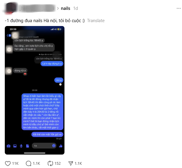 Kiếp nạn Tết: C&ocirc; g&aacute;i chờ 2 tiếng kh&ocirc;ng được l&agrave;m nail d&ugrave; đặt lịch trước, đ&atilde; vậy c&ograve;n mất 10k gửi xe- Ảnh 1.